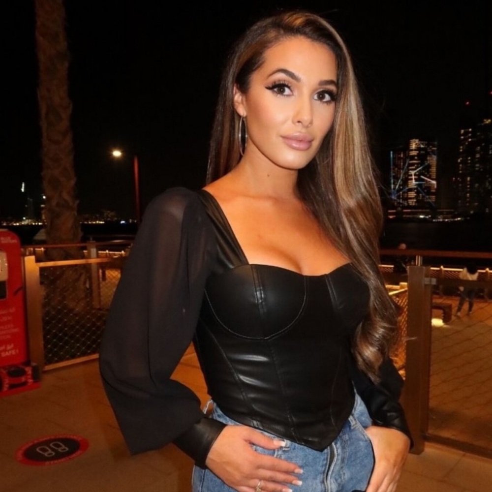 Black Corset Detailed Top with Sheer Sleeves.